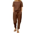 thumbnail image 1 of GILIGEGE Linen Sets for Women 2 Piece Summer Cotton and Linen Summer Matching Suit Half Sleeved Wide Leg Pants Retro Set Of Two Tracksuit Lounge Matching Sets Coffee L, 1 of 8