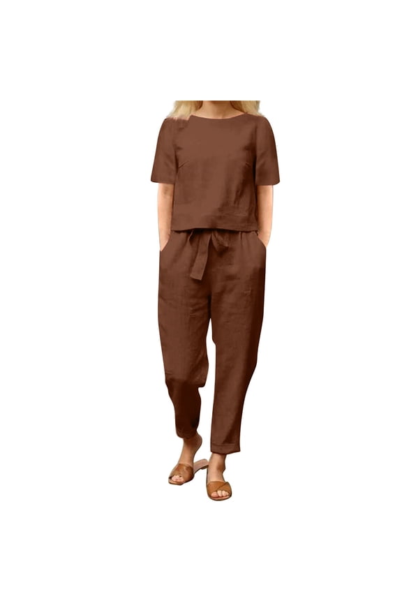 Linen Sets for Women 2 Piece Summer Cotton and Linen Summer Matching Suit Half Sleeved Wide Leg Pants Retro Set Of Two Tracksuit Lounge Matching Sets Coffee L