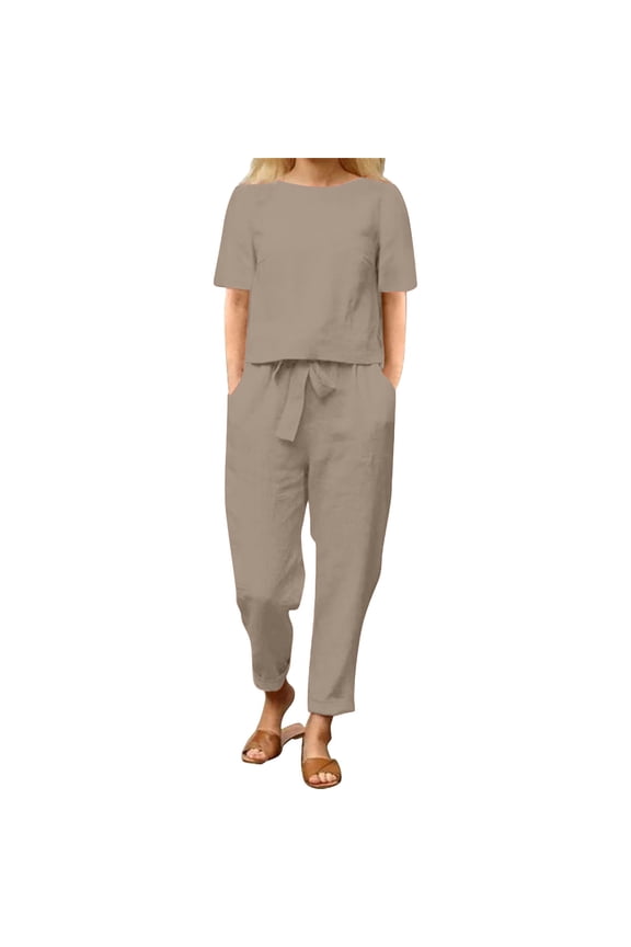 Linen Sets for Women 2 Piece Summer Cotton and Linen Summer Matching Suit Half Sleeved Wide Leg Pants Retro Set Of Two Tracksuit Lounge Matching Sets Grey M