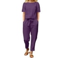 thumbnail image 1 of GILIGEGE Linen Sets for Women 2 Piece Summer Cotton and Linen Summer Matching Suit Half Sleeved Wide Leg Pants Retro Set Of Two Tracksuit Lounge Matching Sets Purple L, 1 of 8