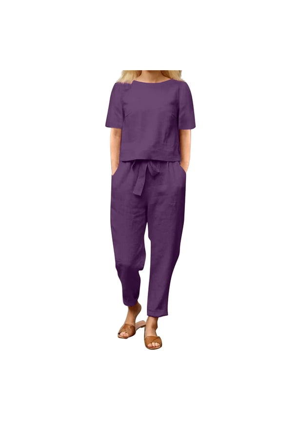 Linen Sets for Women 2 Piece Summer Cotton and Linen Summer Matching Suit Half Sleeved Wide Leg Pants Retro Set Of Two Tracksuit Lounge Matching Sets Purple M