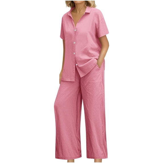 GILIGEGE Linen Sets for Women 2 Piece Summer Linen Sets for Women 2 Piece Short Sleeve Shirts & Wide Leg Trousers Loose Fit Cotton Linen Sets Outfits Wide Leg Pants Tracksuit Lounge Matching Sets