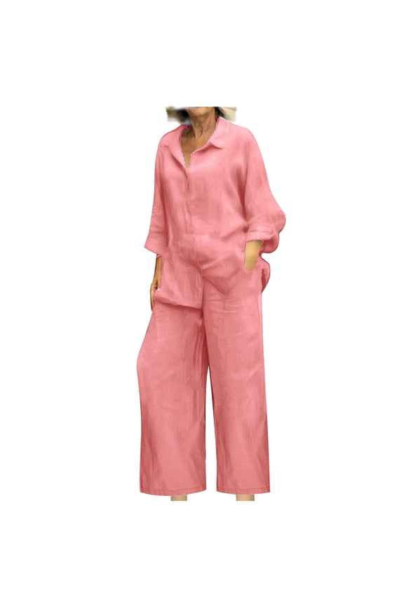 Linen Sets for Women 2 Piece Summer Loose Long Sleeve Shirts Wide Leg Pant Matching Set Plus Size Vacation Outfits Wide Leg Pants Tracksuit Lounge Matching Sets
