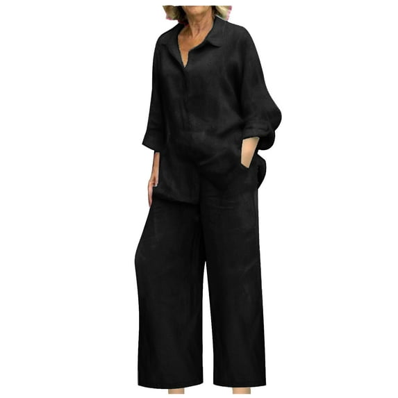 GILIGEGE Linen Sets for Women 2 Piece Summer Loose Long Sleeve Shirts Wide Leg Pant Matching Set Plus Size Vacation Outfits Wide Leg Pants Tracksuit Lounge Matching Sets