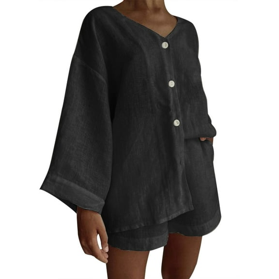 GILIGEGE Linen Sets for Women 2 Piece Summer Outfits Cotton Linen Set Long Sleeve Button Down Shirts High Waisted Shorts 2025 Vacation Set Lounge Beach Vacation Two Piece Outfits Tracksuits