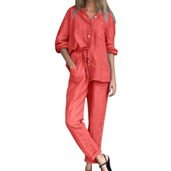 GILIGEGE Linen Sets for Women 2 Piece Summer Oversized Long Sleeve Shirt Outfits Comfy Suit，Solid Color V Neck Shirt and Pants Cotton and Linen Two Piece Set Tracksuit Lounge Matching Sets