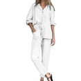 thumbnail image 1 of GILIGEGE Linen Sets for Women 2 Piece Summer Oversized Long Sleeve Shirt Outfits Comfy Suit，Solid Color V Neck Shirt and Pants Cotton and Linen Two Piece Set Tracksuit Lounge Matching Sets, 1 of 5