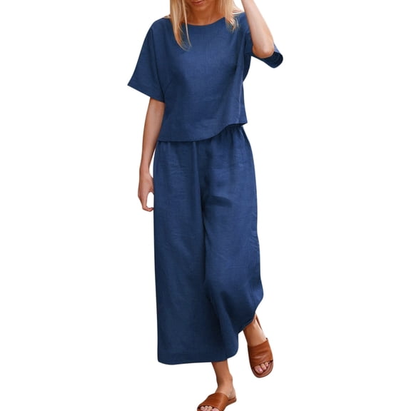 GILIGEGE Linen Sets for Women 2 Piece Summer Women Cotton Suit Fashion Comfortable Short Sleeve and Long Pants Solid Color Wide Leg Pants Tracksuit Lounge Matching Sets Blue M