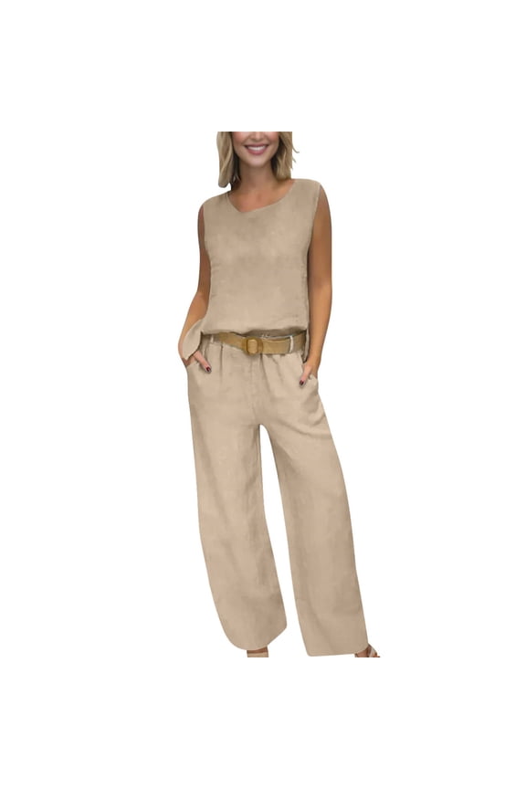 Linen Sets for Women 2 Piece Summer Women's Casual Solid Color Round Neck Vest Trousers Cotton and Linen Two Piece Set Wide Leg Pants Tracksuit Lounge Matching Sets Beige 3Xl