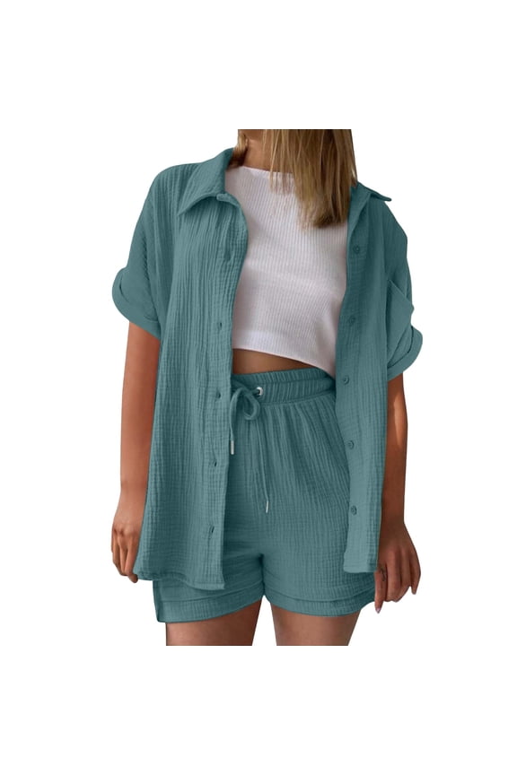Linen Sets for Women 2 Piece Summer Women's Muslin Blouse Set Beach Y2K Clothes Cotton Sports Suit Oversize Short Sleeve Leisure Suit Lounge Beach Vacation Two Piece Outfits Tracksuits