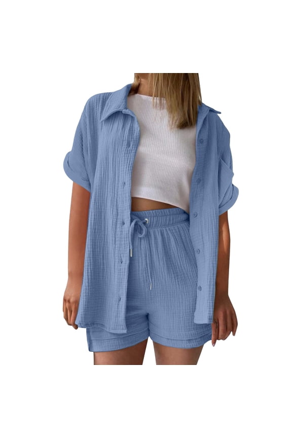 Linen Sets for Women 2 Piece Summer Women's Muslin Blouse Set Beach Y2K Clothes Cotton Sports Suit Oversize Short Sleeve Leisure Suit Lounge Beach Vacation Two Piece Outfits Tracksuits