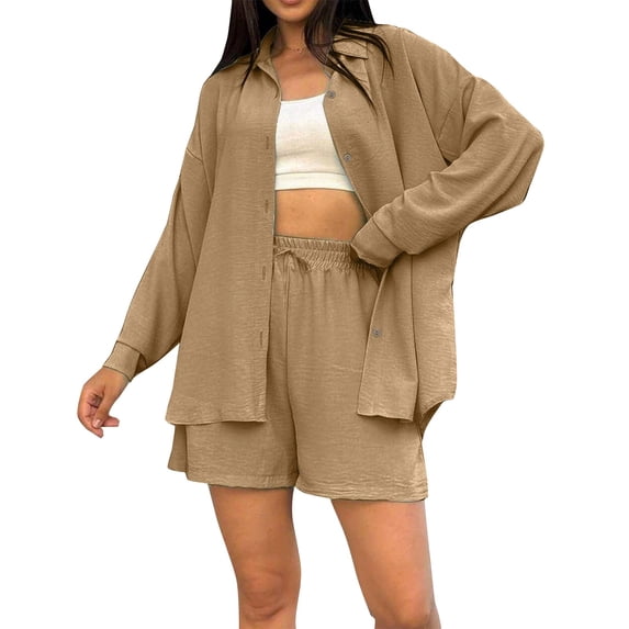 GILIGEGE Linen Sets for Women 2 Piece Summer Women's Set Casual Button Down Shirt Drawstring Shorts Pockets 2 Piece Set Button Down Shirts and Shorts Beach Outfit Sets Khaki M