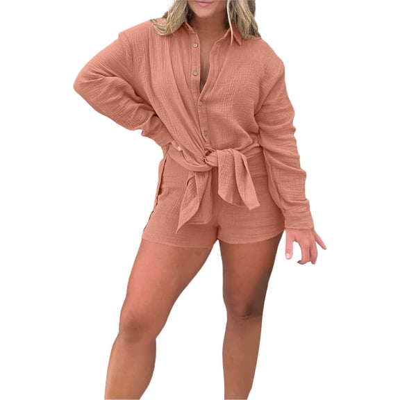 GILIGEGE Linen Sets for Women 2 Piece Summer Women's Shirt Side Slit Long Shirt with Shorts Suits Elegant Lady Pure Color Short Sleeved Shirt Suit Button Down Shirts and Shorts Beach Outfit Sets