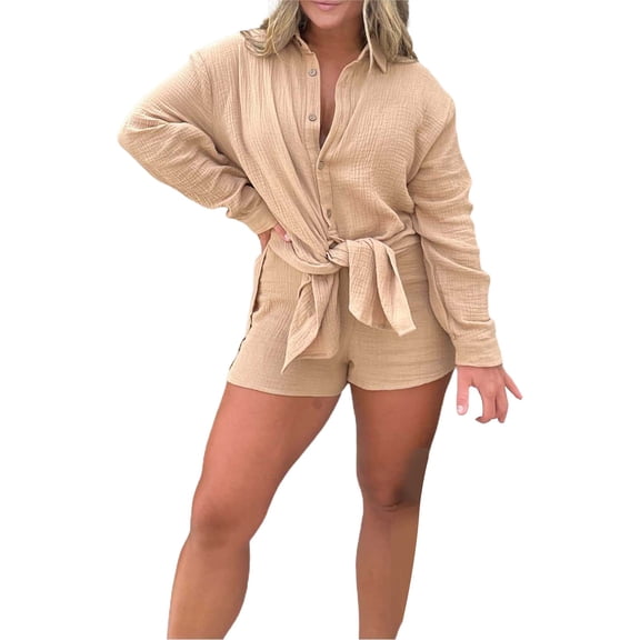 GILIGEGE Linen Sets for Women 2 Piece Summer Women's Shirt Side Slit Long Shirt with Shorts Suits Elegant Lady Pure Color Short Sleeved Shirt Suit Button Down Shirts and Shorts Beach Outfit Sets