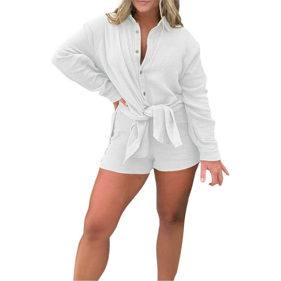 GILIGEGE Linen Sets for Women 2 Piece Summer Women's Shirt Side Slit Long Shirt with Shorts Suits Elegant Lady Pure Color Short Sleeved Shirt Suit Button Down Shirts and Shorts Beach Outfit Sets