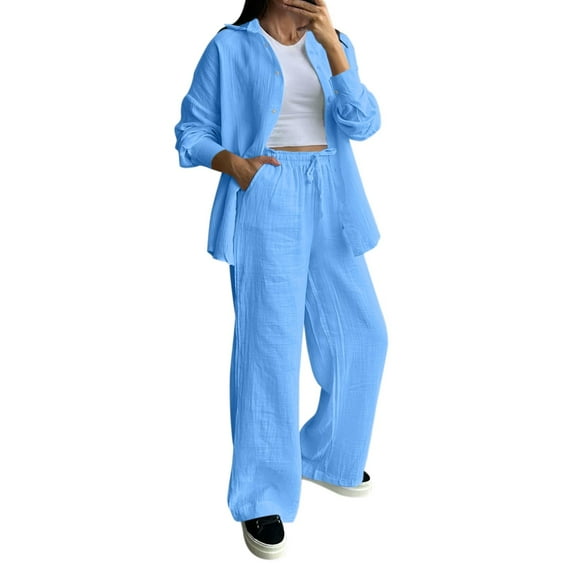 GILIGEGE Linen Sets for Women 2 Piece Summer Women's Solid Color Cotton Linen Lapel Loose Casual Home Set Shirt and Pants Set Wide Leg Pants Tracksuit Lounge Matching Sets Light Blue Xl
