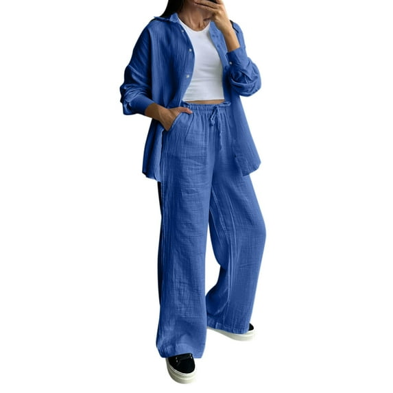GILIGEGE Linen Sets for Women 2 Piece Summer Women's Solid Color Cotton Linen Lapel Loose Casual Home Set Shirt and Pants Set Wide Leg Pants Tracksuit Lounge Matching Sets Blue M