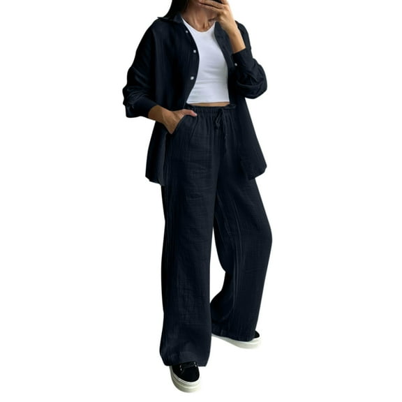 GILIGEGE Linen Sets for Women 2 Piece Summer Women's Solid Color Cotton Linen Lapel Loose Casual Home Set Shirt and Pants Set Wide Leg Pants Tracksuit Lounge Matching Sets Black L