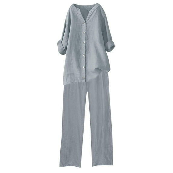 GILIGEGE Linen Sets for Women 2 Piece Summer Women's Solid Color Fashionable Casual Cotton and Linen Pocket Long Sleeved Shirt Tie Up Long Pants Set Wide Leg Pants Tracksuit Lounge Matching Sets