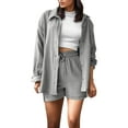 thumbnail image 1 of GILIGEGE Linen Sets for Women 2 Piece Summer Women's Solid Spring Wrinkle Collar Long Sleeve Shirt High Waist Shorts Large Fashion Casual Set Summer Beach Vacation Outfits Lounge Tracksuits Grey Xxl, 1 of 4