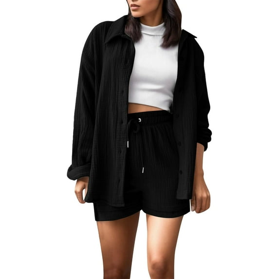 GILIGEGE Linen Sets for Women 2 Piece Summer Women's Solid Spring Wrinkle Collar Long Sleeve Shirt High Waist Shorts Large Fashion Casual Set Summer Beach Vacation Outfits Lounge Tracksuits Black L