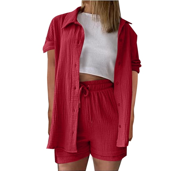 GILIGEGE Linen Sets for Women 2 Piece Summer Women's Spring and Summer Short Sleeve Shorts Solid Color Cotton Linen Thin Shirt Button Suit Lounge Beach Vacation Two Piece Outfits Tracksuits Red 3Xl