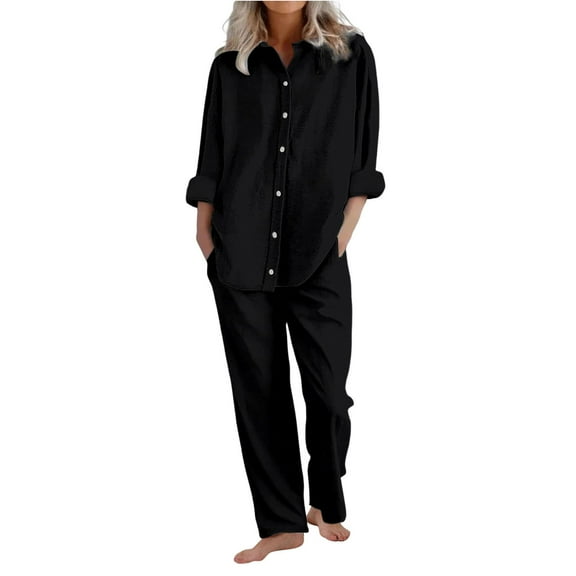 GILIGEGE Linen Sets for Women 2 Piece Summer Womens Daily Casual Solid Long Sleeve Shirt Tops Pockets Elastic Pants Shirt Trousers Set Tracksuit Lounge Matching Sets Black L
