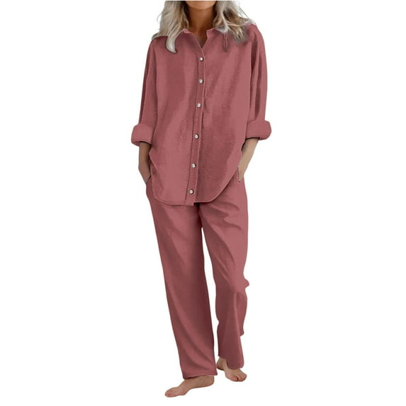 GILIGEGE Linen Sets for Women 2 Piece Summer Womens Daily Casual Solid Long Sleeve Shirt Tops Pockets Elastic Pants Shirt Trousers Set Tracksuit Lounge Matching Sets Rose Gold 5Xl