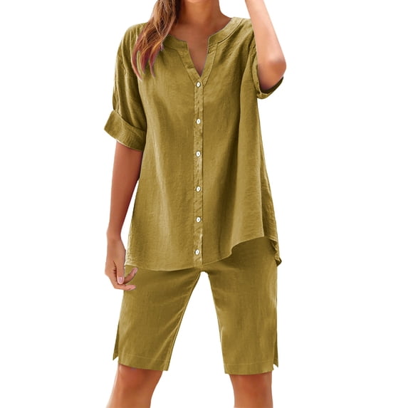 GILIGEGE Linen Sets for Women 2 Piece Summer Womens Daily Casual Solid Long Sleeve Shirt Tops Pockets Pants Shirt Trousers Set Tracksuit Lounge Matching Sets Gold S
