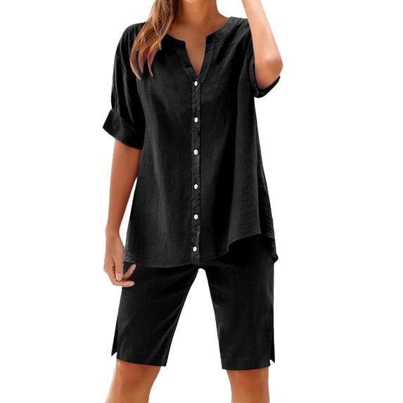GILIGEGE Linen Sets for Women 2 Piece Summer Womens Daily Casual Solid Long Sleeve Shirt Tops Pockets Pants Shirt Trousers Set Tracksuit Lounge Matching Sets Black Xxl