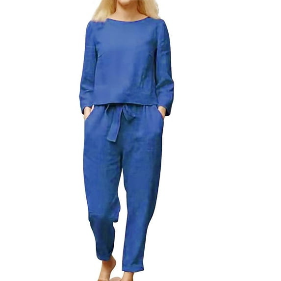 GILIGEGE Linen Sets for Women 2 Piece Women Cotton Li Nen Suit Fashion Comfortable Short Sleeve and Long Pants Solid Color Lounge Sets Bu2 4Xl