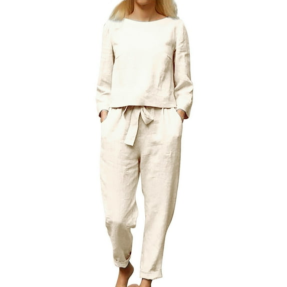 GILIGEGE Linen Sets for Women 2 Piece Women Cotton Li Nen Suit Fashion Comfortable Short Sleeve and Long Pants Solid Color Lounge Sets White Xxl