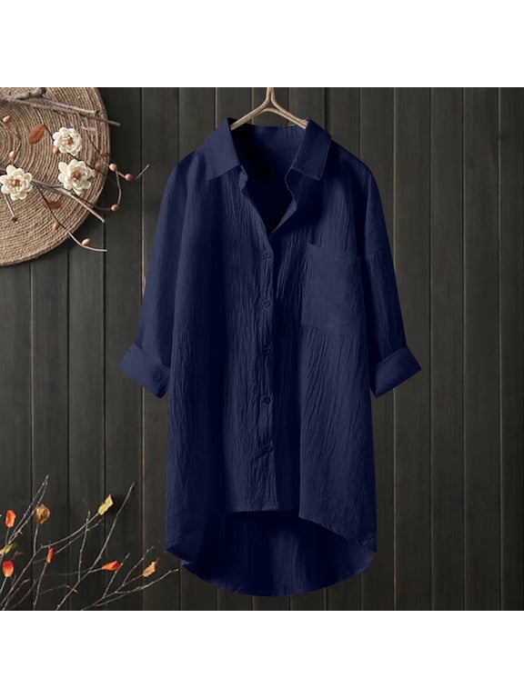 Linen Shirt for Women Breathable Tops Loose Casual Long Sleeve Collared Button Down Tops Daily Trendy Vacation Boho Tops with Pocket Summer Shirts for Women 2026 Navy