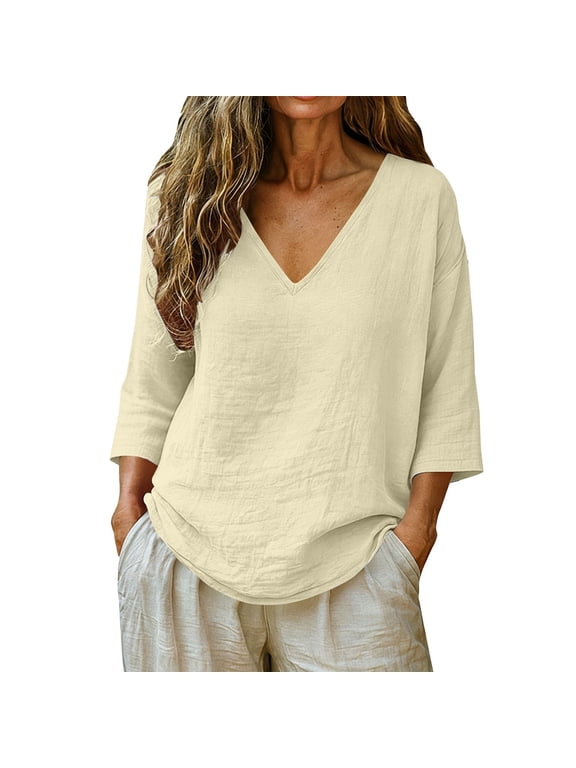 Linen Shirts For Women Ropa De Lino Para Mujer Solid Color Blouses 3/4 Sleeve Three Quarter Sleeve Dressy Casual Clothes V Neck Shirts Lightweight Blouses Gauzy Shirts DailyTop Beige 4XL