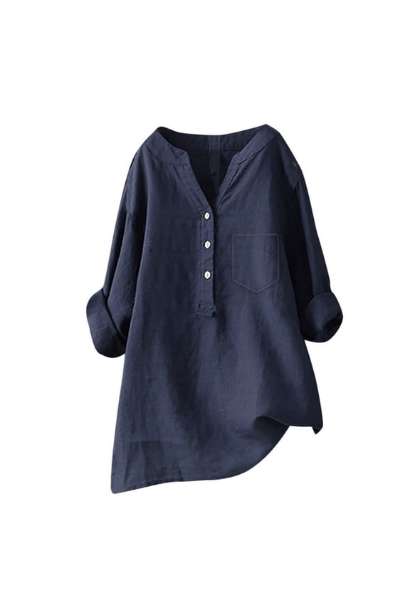 Linen Shirts for Women Trendy Retro Blouse Peasant Shirts Solid Color Lightweight Blouse Plus Size Blouses Gauze Cotton Blouse Cotton Breathable Sleeve Women's Navy 5XL