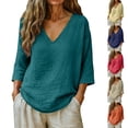 thumbnail image 1 of GILIGEGE Linen Shirts for Women,V Neck 3/4 Sleeve Gauzy Shirts,Loose Fit Curved Hem Tunic Cotton Linen Tops,Peasant Shirts Beach Vacation Tees,Casual Blouses for Summer 2026 Blackish Green S, 1 of 5