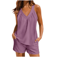 thumbnail image 1 of GILIGEGE Linen Shorts Sets for Women 2 Piece Outfits V Neck Halter Top High Waisted Shorts Matching Sets Drawstring Shorts Lightweight Summer Sets Pajamas Sleeveless Halter Tops And Shorts Purple, 1 of 8