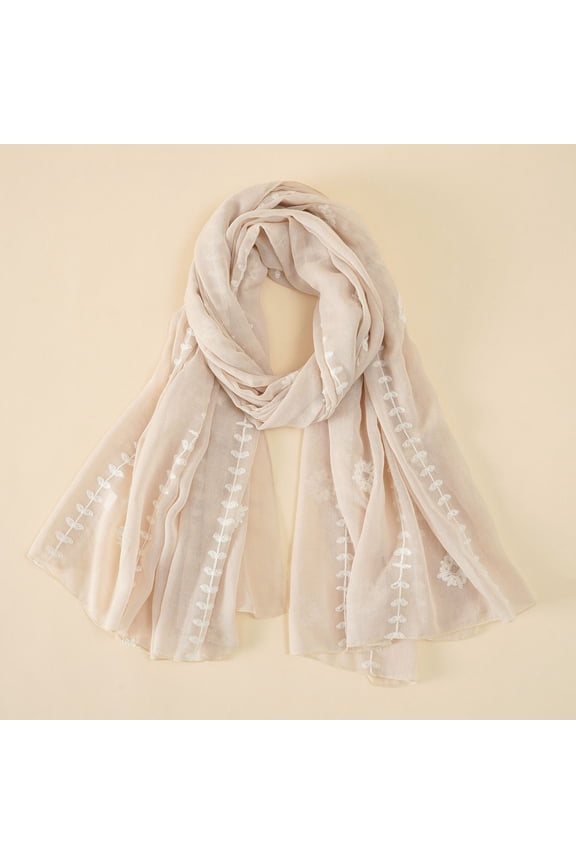 Linen Soft Scarf for Women Elegant Floral Pattern Sheer Scarfs Thin Plain Summer Sun Protection & Office Travel Wrap Girls Boho Large Lightweight Scarves Shawls Wraps for Four Seasons Beige