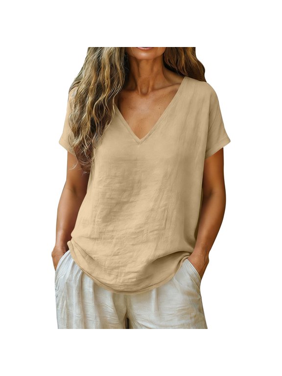 LinenTops For Women 2026 Work Camping OutfitsTop DailyTop Breathable Shirts Dressy Casual Clothes Peasant Shirts 3/4 Sleeve Lightweight Blouses Spring Summer Clothes V Neck Shirts Khaki S
