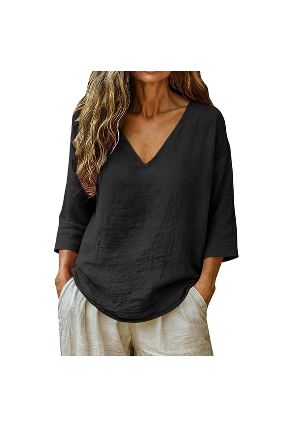 LinenTops For Women Tunic Blouse Dressy Casual Clothes Three Quarter Sleeve Fashion Outfits Elbow Sleeve Pullover Shirts Lightweight Blouses Beach Vacation Tees 3/4 Sleeve Black S