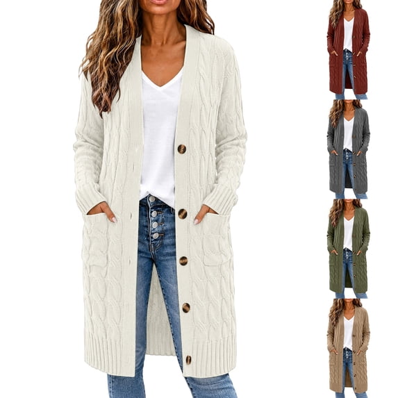 GILIGEGE Long Sleeve Cable Knit Long Cardigan for Women,Open Front Button Loose Outwear,2026 Spring Winter Chunky Sweaters with Pockets,Oversized Slouchy Basic Warm Trendy Fall Fashion Clothing White