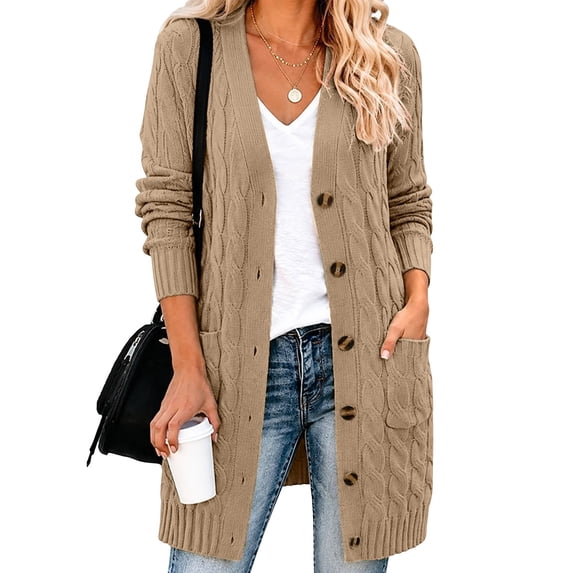 GILIGEGE Long Sleeve Cable Knit Long Cardigan for Women,Open Front Button Loose Outwear,2026 Spring Winter Chunky Sweaters with Pockets,Oversized Slouchy Basic Warm Trendy Fall Fashion Clothing Khaki
