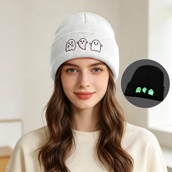 GILIGEGE Men Women Solid Color Ghost Embroidery Knit Beanie Hat,Cute Funny Spooky Goth Winter Skull Cap,Stylish Halloween Cuffed Beanie,Warm Soft Knitted Hat for Daily Holiday Wear White