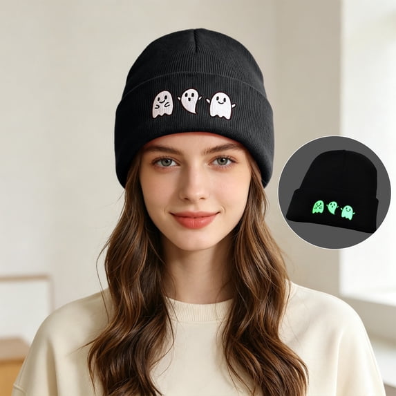 GILIGEGE Men Women Solid Color Ghost Embroidery Knit Beanie Hat,Cute Funny Spooky Goth Winter Skull Cap,Stylish Halloween Cuffed Beanie,Warm Soft Knitted Hat for Daily Holiday Wear Black
