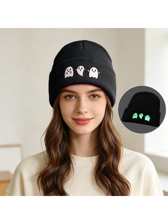 Men Women Solid Color Ghost Embroidery Knit Beanie Hat,Cute Funny Spooky Goth Winter Skull Cap,Stylish Halloween Cuffed Beanie,Warm Soft Knitted Hat for Daily Holiday Wear Black