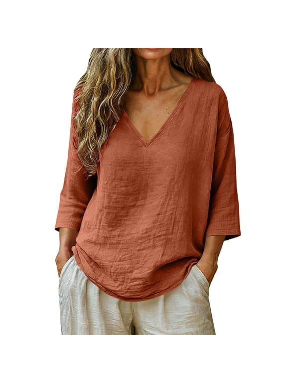 MuslIn Shirt Women V Neck Shirts MuslIn Shirt Women Ladies SummerTops Loose FitTops Gauzy Shirts Lightweight Blouses 3/4 Sleeve Tunic Blouse Dressy Casual Clothes Peasant Shirts Brown M