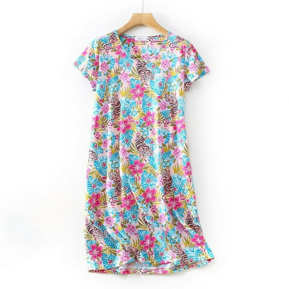 GILIGEGE Nightgowns for Women Soft Sleepwear Short Sleeve Women's Nightgowns Print Sleepdress Nightgown Plus Size Cute Home Clothes Knitted Cotton Sweet and Short Sleeved Round Neck Pajamas