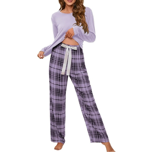 GILIGEGE Pajama Sets for Women 2 Piece Womens Pajama Sets 2 Piece Lounge Set Women Women's Solid Color Round Neck T Check Printed Women's Casual Set Homewear Pajamas Top   Pants Set Purple S