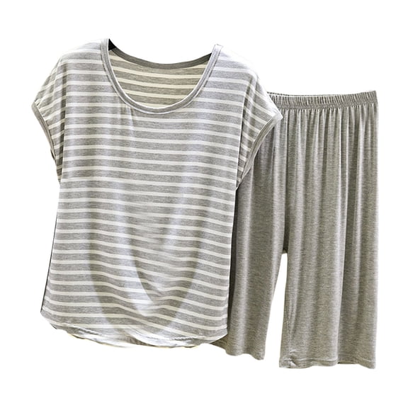 GILIGEGE Pajamas for Women Set Ladies' Loose Home Striped Short Sleeved T Shirt and Pants Set Sleepwear Set Summer Soft Casual Lounge Sets Grey L