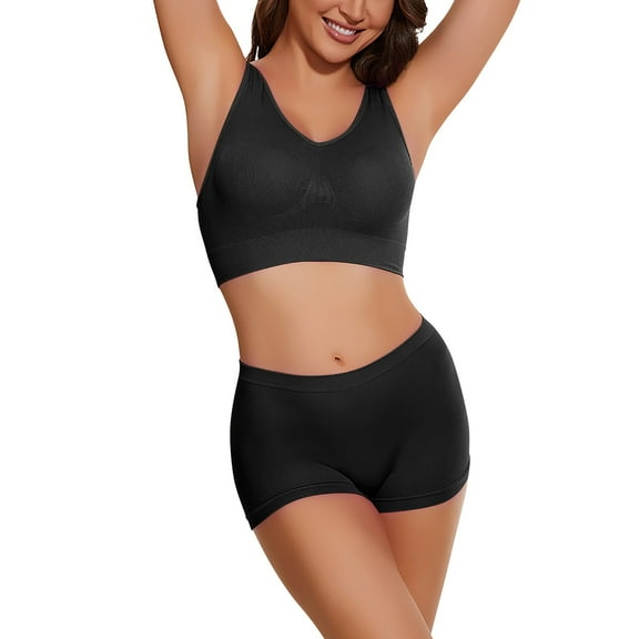GILIGEGE Push Up Bra and Panty Sets for Women Underwear Sets for Women with Boyshort Sports Bra Women's Fitness Running Yoga Vest Without Rims Large Size Breathable Sports Bra Set Black Xxl